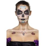Smiffys Tattoo-set voor gezicht, Dag van de Doden, Aqua, meerkleurig, gezichtsschilderij