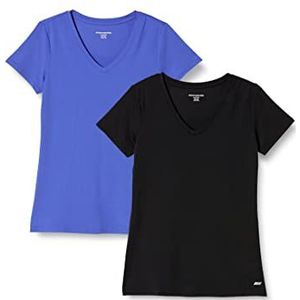 Amazon Essentials Dames Tech Stretch T-shirt met korte mouwen en V-hals (extra grote maat) - Zwart / lichtblauw - Maat XS
