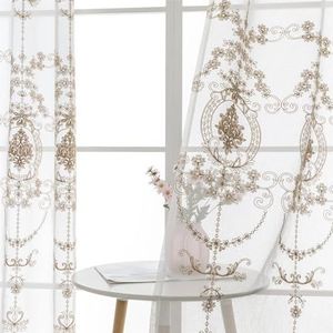 Set van 2 geborduurde bloemengordijnen voor slaapkamer, woonkamer, eetkamer, landhuis, met oogjes, 140 x 260 cm, beige