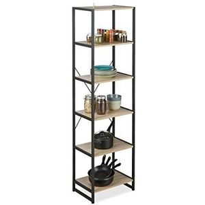 Relaxdays Hoge boekenkast met 6 vakken, industrieel design, 180 x 50 x 35 cm, PB/metaal, bruin