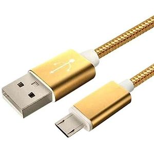 2 stuks USB-kabel van metaal, nylon, micro-USB, voor Wiko View 3 smartphone, Android, oplader, aansluiting (goudkleurig)