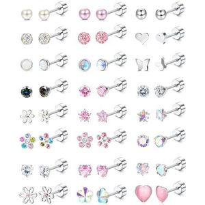 JeweBella 24 paar kleine oorstekers voor dames van chirurgisch staal met zirkonia in hartvorm, bloem, vlinder, parel en bal met platte achterkant, oorbellen, rvs