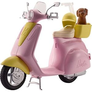 Barbie Scootermeubels, roze motorfiets voor poppen, levering met helm en gele mand en hondenfiguur, kinderspeelgoed, FRP56
