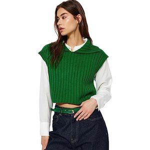 Trendyol Pull basique en tricot à col polo pour femme, Vert, M