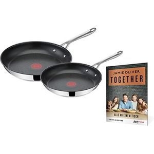 Tefal Jamie Oliver Cook's Direct On E304S2.TOG 2 braadpannenset met 10 recepten, 24/28 cm, vaatwasmachinebestendig, thermo-signaal, roestvrij staal