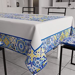 PETTI Artigiani Italiani - Tafelkleed, vuilafstotend, rechthoekig, voor keuken, geometrisch motief Vietri, blauw, X24-zitsbank (140 x 450 cm), 100% Made in Italy