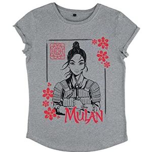Disney Live Action-Ink Line Mulan Dames Organic Rolld Sleeve T-Shirt, grijs.