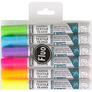 Pébéo - Set van 6 fluorescerende markers voor stof en licht textiel, viltstiften voor stoffen en textiel, basic assortiment, neonkleuren, penseelpunt 1 mm, meerkleurig