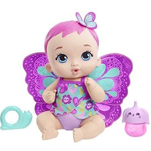 My Garden Baby babypop vlinder drinkt en plast, 30 cm, roze, met afneembare luier, kleertjes en vleugels, pop voor kinderen vanaf 3 jaar, GYP10