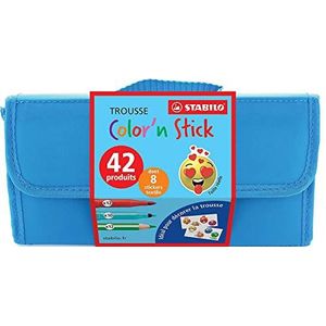 42 stuks STABILO Color'n stick kleurpotloden: 22 viltstiften + 12 kleurpotloden + 8 gekleurde emoticon textielstickers van de bonte etui (6 blauw en 6 roze)
