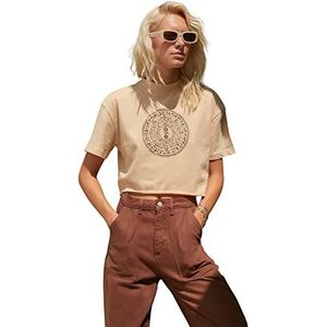 Trendyol T-shirt basique décontracté en tricot à col montant pour femme, beige, M
