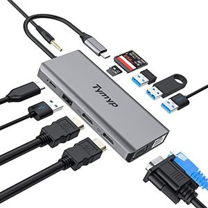 USB C-hub, Tymyp 12-in-1 USB C-adapter met HDMI 4K, 2 x USB 3.0, Gigabit Ethernet-poort, 2 x USB 2.0, 100 W PD, VGA, SD/TF-kaartlezer, 3,5 mm audio-aansluiting, computercompatibel