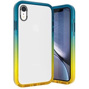 Angeston iPhone XR, hoes, compatibel met iPhone XR, hoes, blauw geel kleurverloop, stootvast en krasbestendig, transparant, met spiegel en TPU case, gehard glas