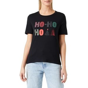 Vila T-shirt Visybil Christmas S/S pour femme, Noir/imprimé : Sequin Ho Ho Ho, XS