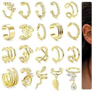 CASSIECA 20 stuks valse oorpiercing, verstelbaar, oormanchet, kraakbeen, clips, oren, niet geboord, oormanchetten, zonder gat, oorbellen, clip voor vrouwen, goud/zilver/roségoud, Koper