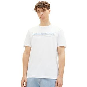 TOM TAILOR Denim slim fit T-shirt voor heren met logoprint van katoen, Wit 20.000