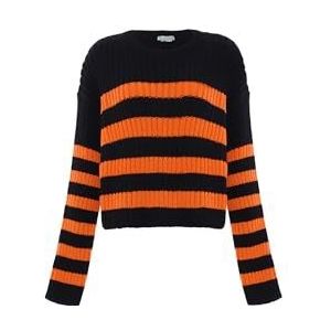Libbi Women's Femme Rayé Col Rond et Manches Longues Polyester Noir Orange Taille XL/XXL Pull Sweater, Noir/orange, XL