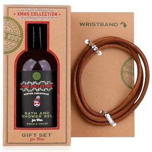 Accentra Men's Collection Xmas cadeauset bestaande uit 1 douchegel en 100 ml, armband van kunstleer, berken- en cedergeur, bruin/donkergroen