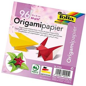 Folia Origami-vellen, 80 g/m², 96 vellen in 12 verschillende kleuren, papier, 19 x 19 cm