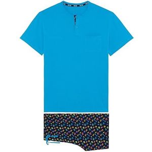 Hom Korte pyjama California pyjamaset voor heren, Top: Effen Blauw Onderkant: Print Cactus Multico Marine Achtergrond, S
