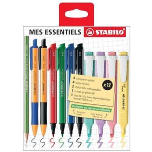 Mes Essentiels STABILO zakje met ritssluiting, 12 pennen en potloden, 4 Swing Cool-pastelmarkeerstiften + 4 Pointmax pennen + 2 Pointball pennen + 1 Greengraph potlood + 1 zelfklevend notitieblok