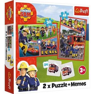 Trefl - Fireman Sam, Fireman Sam's Team - 3-in-1: 2x puzzelspel + geheugenspel, 30 en 48 elementen, 24 memo's, plezier voor kinderen vanaf 3 jaar