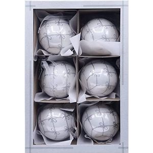 VITBIS Kerstballen, set van 6 kerstballen, Ø 8 cm, wit, met zilveren strikken, met de hand versierd, unieke kerstdecoratie