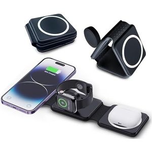 Hd-line 3-in-1 magnetische draadloze oplader, opvouwbaar, compatibel met iPhone 15, 14, 13, 12, Apple Watch Ultra 9/8/7/6/5/4/3/2/SE/AirPods 2/3/Pro, snellader, zwart