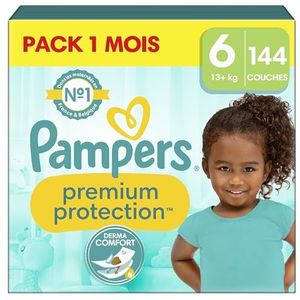 Pampers Premium beschermende luiers maat 6 (13 kg), 144 luiers voor baby's, 1 maand verpakking, onze nr. 1 voor de bescherming van de gevoelige huid, nu met meer luiers