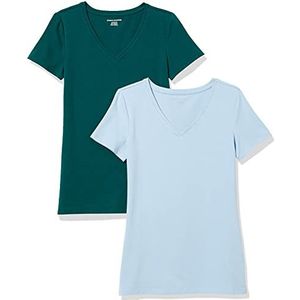 Amazon Essentials Dames-T-shirt met V-hals en korte mouwen, klassieke pasvorm, donkergroen/poederblauw, maat M