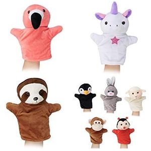 Relaxdays Marionetten voor kinderen, set van 8 dieren, aap, eenhoorn, luiaard, flamingo, poppen, pluche, kleurrijk, set van 8 dieren