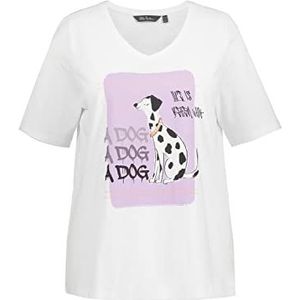 Ulla Popken T-shirt, hond, klassiek, V-hals, halve mouw dames, sneeuwwit