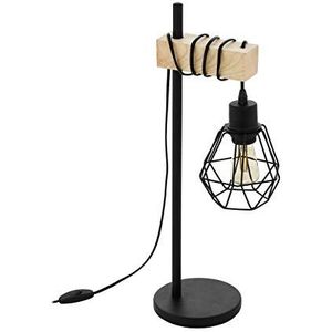 EGLO Townshend 5 Tafellamp, industriële en retro bedlamp, tafellamp van zwart staal en hout, met schakelaar, E27 fitting