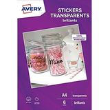 AVERY - 6 transparante stickers, personaliseerbaar en bedrukbaar, A4-formaat, inkjetdruk