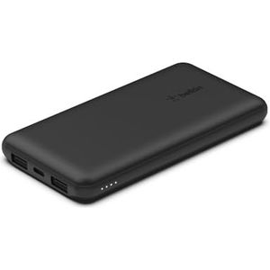Belkin Externe batterij 10.000 mAh, externe oplader, 1 USB-C en 2 USB-A-poorten, tot 15 W, USB-A naar USB-C kabel, draagbare batterij, powerbank voor iPhone, Galaxy, Pixel, iPad enz. - zwart