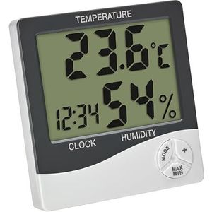 TFA Dostmann 30.5058.02 Digitale mini-thermometer/hygrometer voor binnen, kamerthermometer, vochtigheids- en temperatuurmeting, voor kamerklimaatregeling, max. min, klok en datum