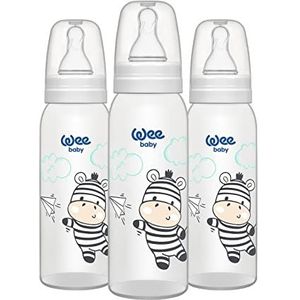 Wee Baby Kunststof fles (3 stuks) | BPA-vrije babyfles met ronde zuiger om borstvoeding te geven | witte, roze en blauwe siliconen flessen | babyfles 125 en 250 ml