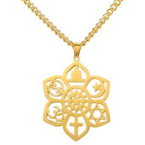 VASSAGO Coexist ketting met hanger lotusbloem om kruis ster maan ster van David Yin Yang Yoga halsketting voor dames heren religieuze spirituele sieraden cadeau, Roestvrij staal