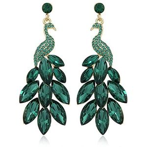 Vintage pauwenhanger oorbellen voor vrouwen meisjes groene kristallen peafowl veer oorbellen overdreven Boheemse hangende oorbellen sieraden geschenken op eerste kerstdag, verguld, Verguld, Zirkonia