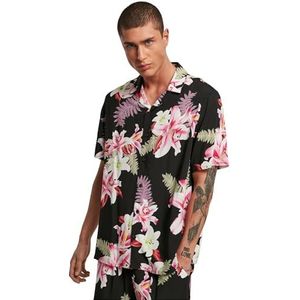 Urban Classics AOP Herenoverhemd Viscose Resort Hawaïhemd met bloemenprint en omslagkraag in 2 kleuren, S tot 5XL, zwart.