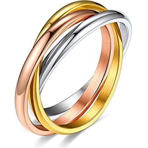 Bestyle Ringen voor dames en heren van roestvrij staal, paar ringen, 2 mm, breed, 3 in elkaar verstrengelde ringen, sieraden, heren, dames, meisjes, jongens, zilver/goud/zwart/roodgoud/driekleurig