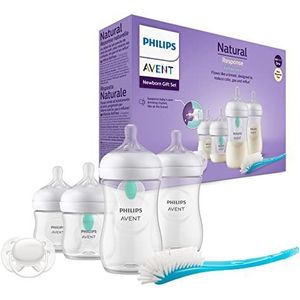 Philips Avent Babyflessenset met AirFree ventiel voor pasgeborenen, 4 flessen met natuurlijke respons, ultrazachte fopspeen en flessenborstel voor baby's van 0 tot 12 maanden (model SCD657/11)