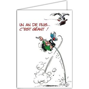 AFIE GLMX-2019 Gaston Lagaffe Maxi grote kaart Happy Birthday 1 jaar ouder, sport, polsspringen, giraffe, dieren, cadeau voor groepen, kinderen, jongeren, volwassenen, tekenen, gigantisch, A4-formaat,