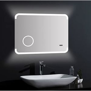 Talos Harmony Led-badkamerspiegel, 80 x 60 cm, omgevingslicht, verlichte make-upspiegel met 3-voudige vergroting, digitale klok, hoogwaardig aluminium frame