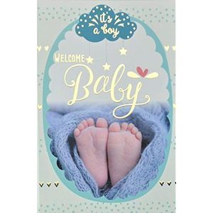 AFIE Gelukkige Ouders Felicitatiekaart - Welkom Baby Jongen - Blauw Goud Goud Blote Voeten Wolken Sterren Harten Schattig - Gemaakt in Frankrijk 66-1156