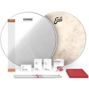 Evans Calftone stemapparaat set voor snaredrum – inclusief koeientrommel, resonante snare, snare-draad, equalizer-opzetstukken, hoornsmeermiddel, metaalpolijstmiddel, polijstdoek – 35,6 cm koppen