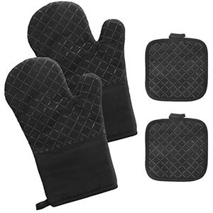 Ovenhandschoenen Set pannenlappen met antislip: set van 4 antislip keukenhandschoenen, hittebestendig tot 300 °C, keukenhandschoenen met katoen voor de