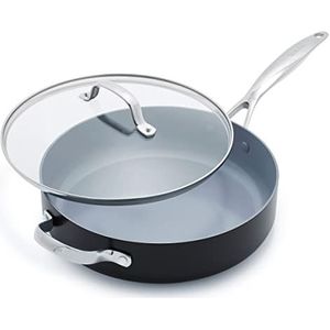 GreenPan Valencia Pro Sauteerpan van geanodiseerd gezond keramiek, hard, 28 cm/4,2 l, met deksel, PFAS-vrij, inductie, vaatwasser, oven, grijs