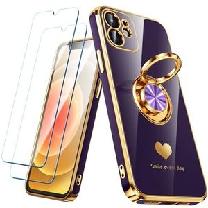 Nonional Compatibel met iPhone 12 met 2 displaybeschermfolies, 360 graden draaibare ring, luxe hartpatroon, dunne zachte hoes voor iPhone 12, paars