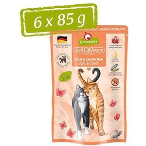 GranataPet DeliCatessen kalf & konijn, natte voer voor katten, zonder granen en zonder extra suiker, lekker en gezond eten voor kleine gourmets met veel vlees en hoogwaardige oliën, 6 x 85 g